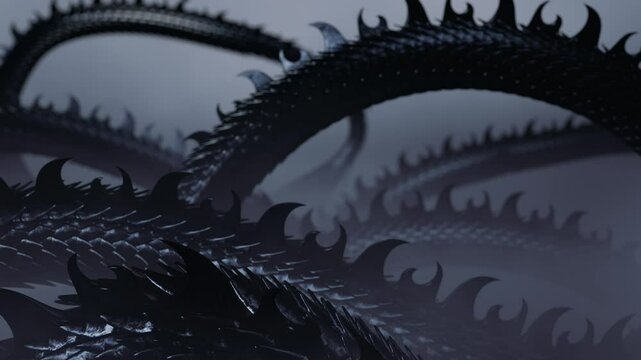 霧の中でうねる龍の体の3Dアニメーション 黒龍