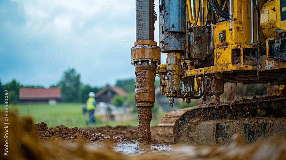 Poster close-up view of a drilling machine in operation.