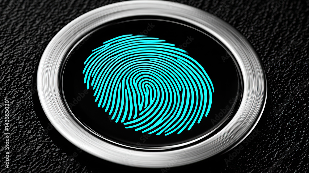 Poster digital fingerprint scanner with sleek design, showcasing vibrant blue fingerprint pattern dark back