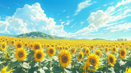 Obraz premium Endless sunflower fields under blue sky