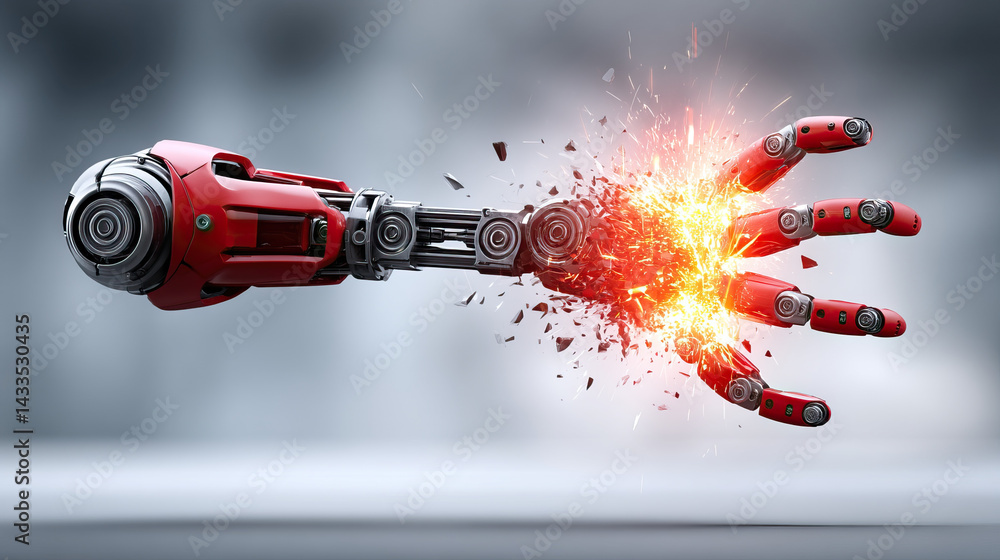 Poster robotic arm is smashing through equipment, creating explosion of debris and sparks. scene conveys se