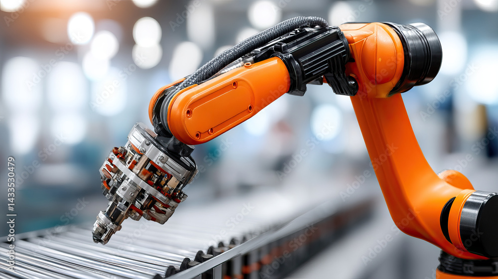 Poster robotic arm with orange and black design, performing tasks in factory setting, showcasing advanced t