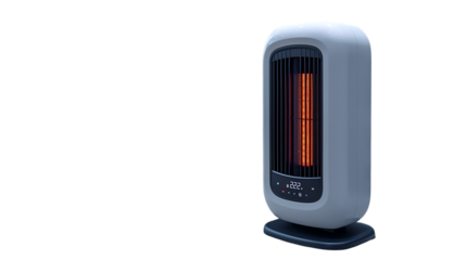 Modern white electric heater in minimalist living room, cozy winter warmth, stylish home interior design, space-saving device