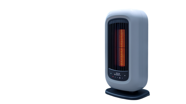 Modern white electric heater in minimalist living room, cozy winter warmth, stylish home interior design, space-saving device