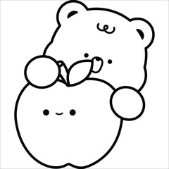 a vector of a cute bear with an apple in black and white coloring