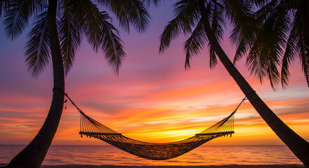 Tropical sunset beach hammock relaxation paradise getaway idyllic vacation summer holiday destination coast seaside evening