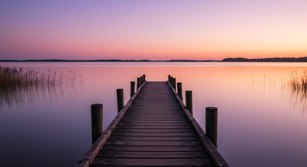 Fototapeta premium Serene Sunset Pier Tranquility Wooden Dock Calm Waters Lake Landscape Scenic View Dusk Twilight Peaceful Nature