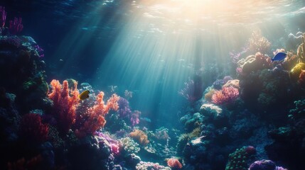 Naklejka premium Underwater Sunbeams Illuminating Coral Reef Standard Version 6x