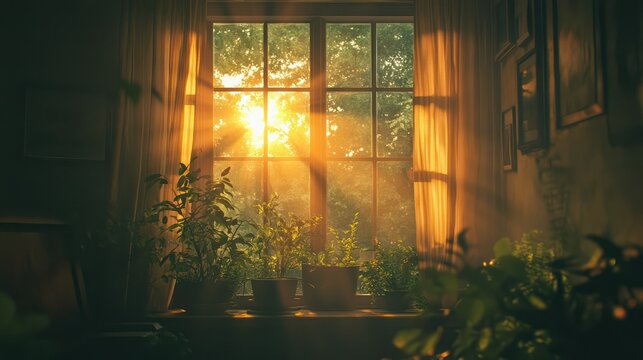Window with plants, sunbeams stream indoors, creating warm, cozy atmosphere, promoting tranquility, relaxation.
