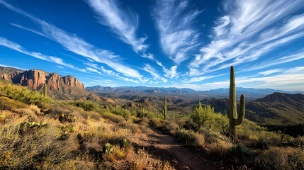 Desert Viewpoint With Cacti and Mountains Under Sunny Sky