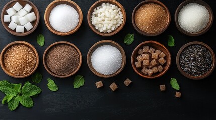 Multiple wooden bowls filled with different types of sugar (white sugar, brown sugar, sugar cubes, granulated sugar, etc.), surrounded by mint leaves, placed on a black background