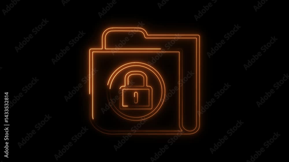 Poster folder with lock neon animation for security and data protection concept