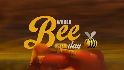3D illustration for World Bee Day featuring bees, flowers, honeycombs, and hives in a bright nature setting. Ideal for educational, environmental, and biodiversity-themed visuals.

