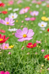 there are many different colored flowers in a field of green grass
