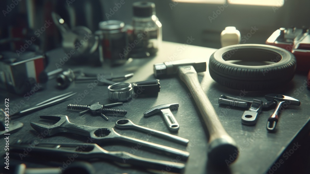 Poster a collection of mechanic tools and tire arranged on a table