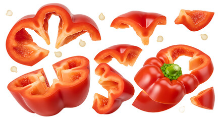 A red bell pepper cut into multiple pieces with seeds scattered around on a black background studio shot