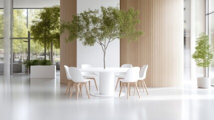Modern, minimalist dining area with a circular white table and light wood chairs, surrounded by greenery and natural light