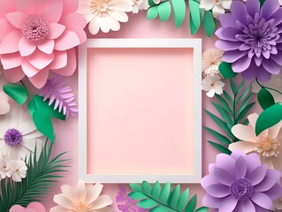 Beautiful paper flower background with a large frame in the center for photos and wishes. Flower origami greeting card in 3D rendering style
