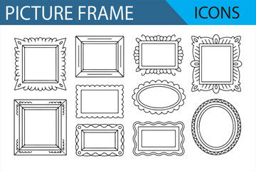 Classic and Vintage Picture Frame Icons Set in Black and White Outlines
