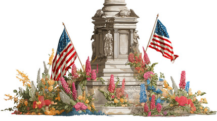 Naklejka premium Colorful floral arrangement at a monument with American flags on display in a public park during the summer