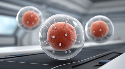 A futuristic lab scene with holographic glowing cancer cell models floating over a black cyber grid plane