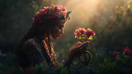 Naklejka premium Woman In Floral Crown Holding Roses In Garden