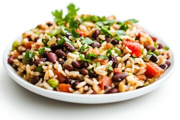 Dry bean and rice dish on plate, white background. AI generated illustration.