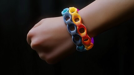 Hand wearing colorful pop-it fidget bracelet for stress relief and sensory play