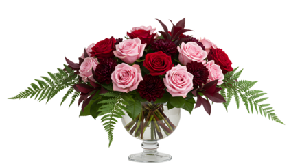 Elegant bouquet featuring pink and red roses with dark burgundy dahlias in a glass vase display