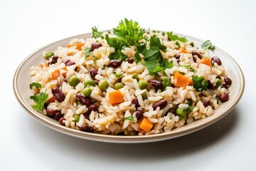 Dry bean and rice dish on plate, white background. AI generated illustration.