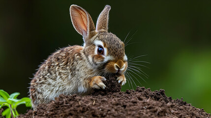 Fototapeta premium Small Brown Rabbit Eating Dirt In Nature