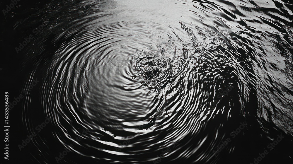 Poster water ripples dynamically, moving fluidly creating a mesmerizing monochrome pattern, surface showing