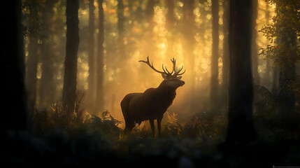 Majestic Deer Silhouette In Golden Sunrise Forest