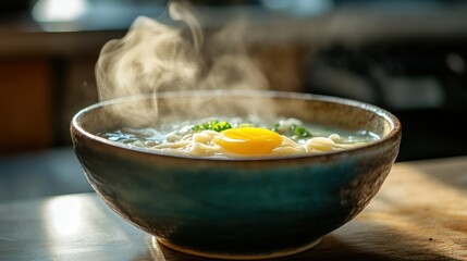 A Bowl Of Steaming Noodles With A Yellow Egg Yolk