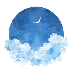 Watercolor Moon in the Night Sky with Fluffy Clouds Isolated Hand Drawn Watercolor Illustration