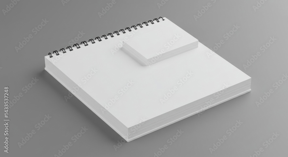 Poster blank spiral-bound notepad and business cards on gray surface. a stack of blank white pages in a spi