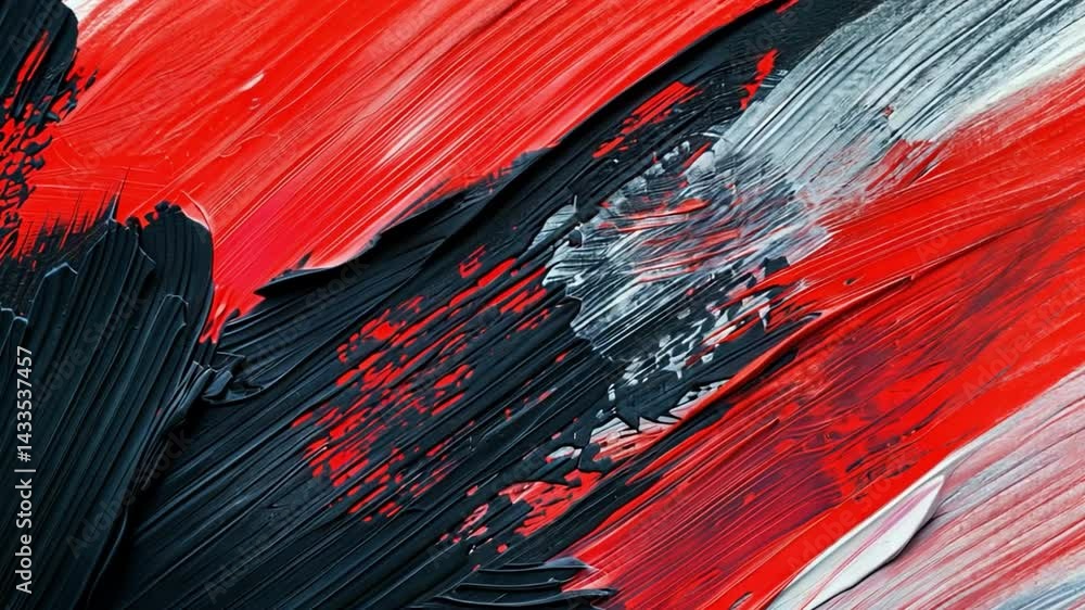 Poster vibrant abstract painting with dynamic strokes of red, black, and gray, showcasing expressive textur