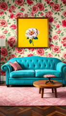 Turquoise sofa against floral wallpaper, pop-art. White tone