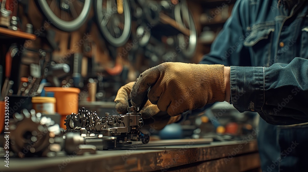 Poster close-up of a person working on bicycle components in a workshop.