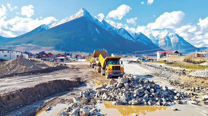 Construction Site Landscape With Trucks And Mountains