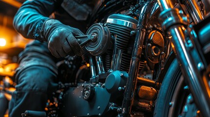 Close-up view of a person meticulously working on a powerful motorcycle engine.