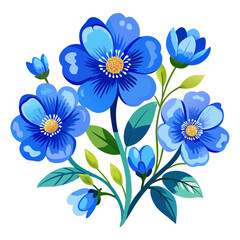 A watercolor illustration set featuring abstract blue hand-drawn summer clipart collection of flowers and birds with a transparent background