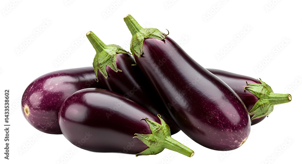 Poster a close up view of several eggplants stacked together on a black background in a studio setting