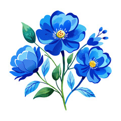 A watercolor illustration set featuring abstract blue hand-drawn summer clipart collection of flowers and birds with a transparent background