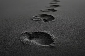 A close-up view of a progression of footprints in dark sand.