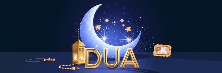 Fototapeta premium Luxurious Ramadan crescent embracing Golden lantern shining stars detailed rosary elegant 3D gold Dua typography in warm mystical cinematic setting embodying spirituality serenity and festive devotion
