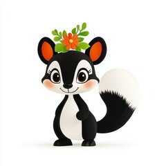 Obraz premium Adorable Cartoon Skunk with Flower Crown on White Background