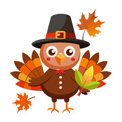 Happy Thanksgiving Day. Cartoon turkey in a pilgrim hat keeps the autumn leaf