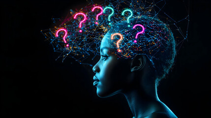 Profile View Of Woman With Glowing Question Marks Around Head