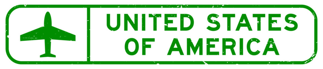 Grunge green united states of america word with plane icon square rubber seal stamp on white background